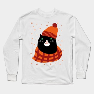 Black cat dressed in warm knitted hat and scarf Long Sleeve T-Shirt